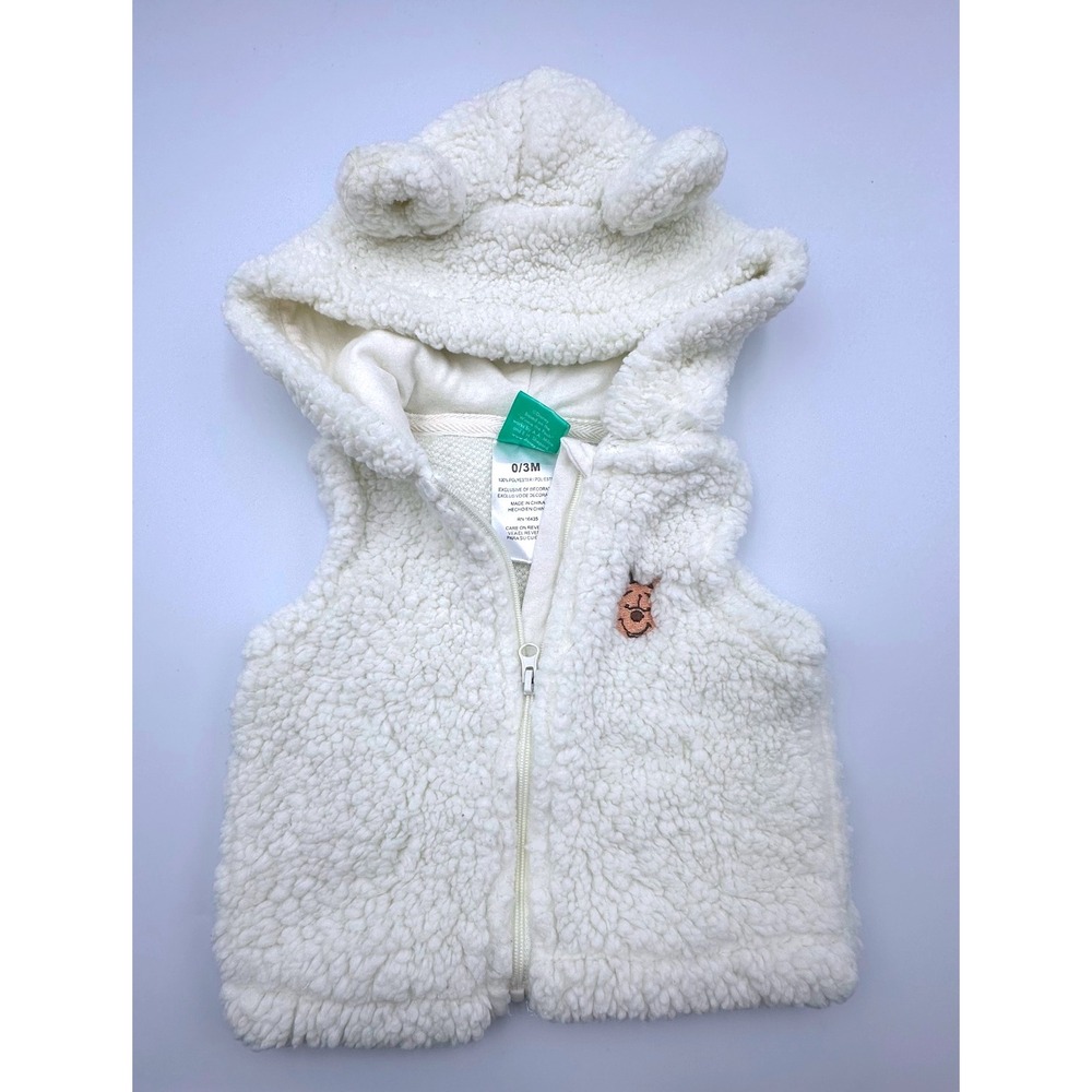 Disney Baby Winnie The Pooh White‎ Fluffy Hooded Full Zip Vest Size 0-3 Months